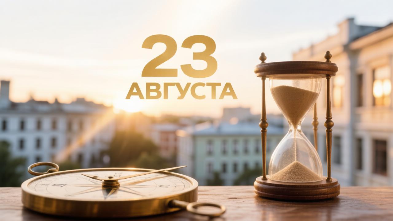 Календарь с датой 23 августа и старинный компас на фоне утреннего города — иллюстрация к гороскопу на начало сезона Девы.